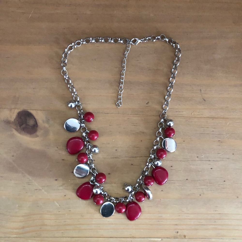 Cranberry and silver beaded chain necklace